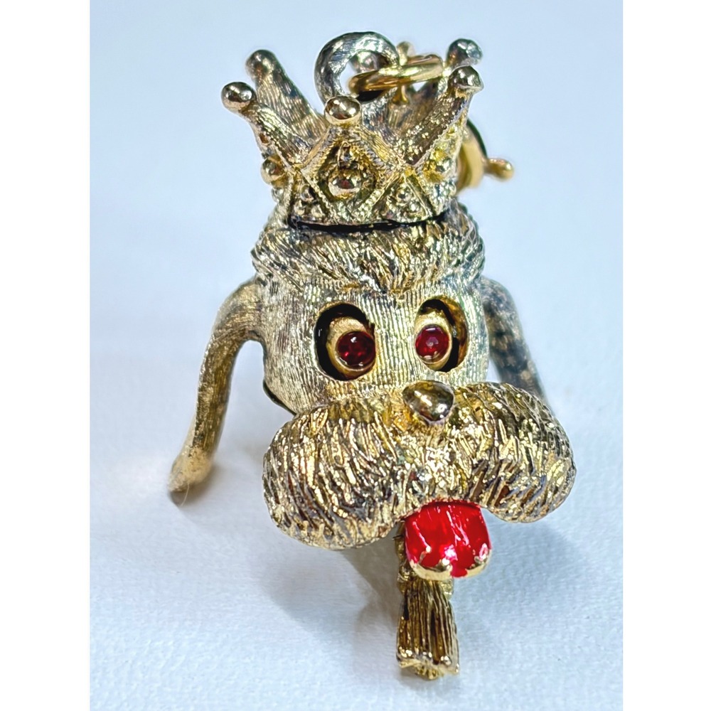 Monet Vintage Gold Tone Articulated Dog Charm Crowned Puppy Red Eyes Tassel